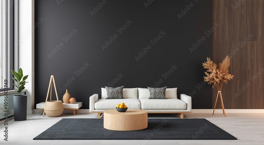 Modern living room with white sofa, wooden coffee table, and black wall. Modern living room with white sofa, wooden coffee table, and black wall.