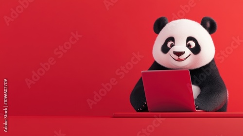 Playful Cartoon Panda Enthusiastically Engaged in Working at a Laptop on a Bold Red Background, Showcasing a Fun and Creative Workspace