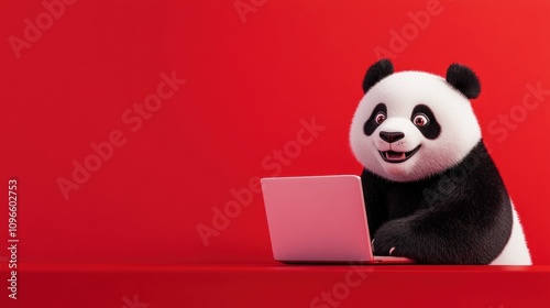 Adorable Cartoon Panda Sitting at a Desk Working on a Laptop in a Bright Red Background, Perfect for Illustrating Fun and Playful Themes in Digital Content