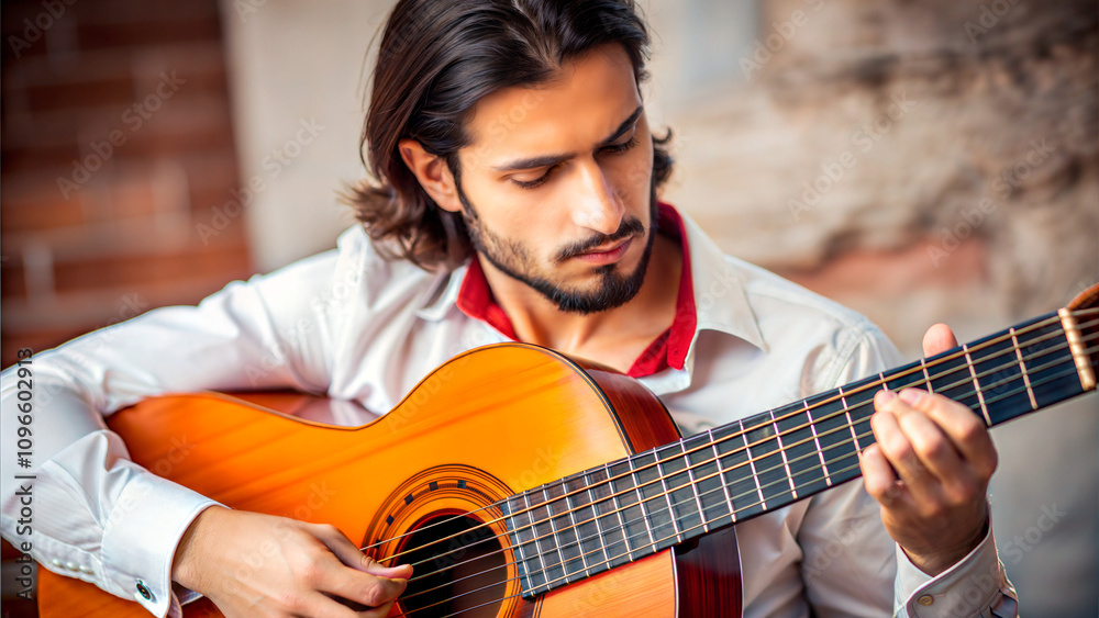 Obraz premium Talented man playing flamenco guitar with passion against a brick wall