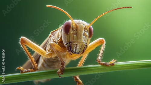Close-up Photograph of a Grasshopper Perched on a Green Stem Against a Soft-Focused Background with Detailed Insect Features in High Resolution