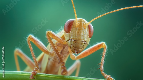 Close-Up Photograph of a Colorful Insect with Large Eyes and Antennae Captured in High Quality Against a Soft Green Background, Showing Detailed Features