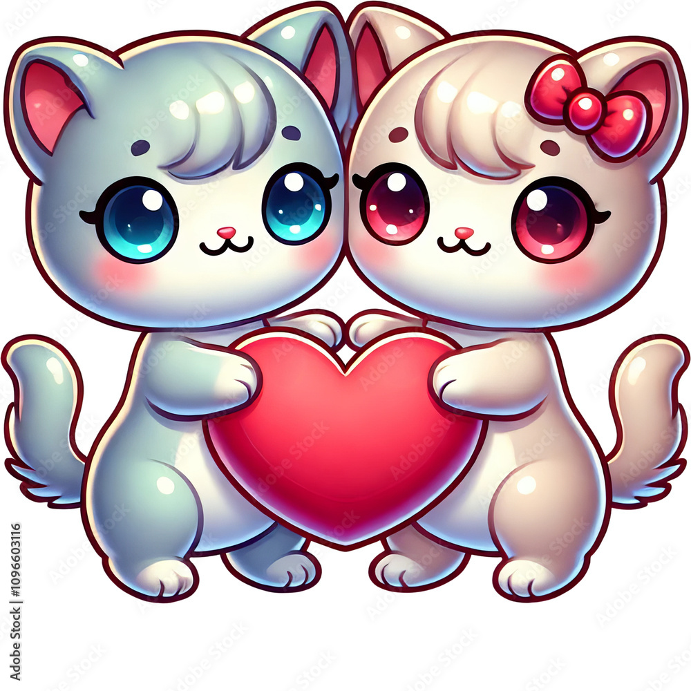 Obraz premium Two cute cartoon kittens holding a heart, colorful and adorable design.