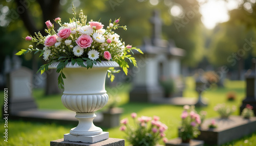 Beautiful floral arrangement of pink and white flowers in a vase, placed at a gravesite in a serene cemetery, symbolizing love and remembrance.
