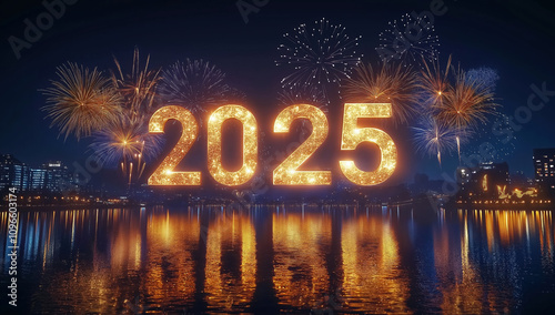 Glowing "2025" with Fireworks over a City Skyline at Night