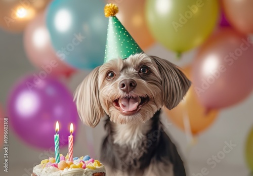Cheerful Dog Celebrating with Birthday Cake and Colorful Balloons in a Festive Setting, Perfect for Pet Lovers and Celebratory Themes