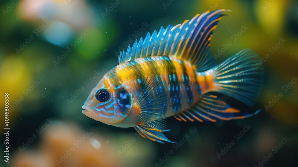 A vibrant, yellow, blue, and orange fish with stripes swims in an aquarium. A vibrant, yellow, blue, and orange fish with stripes swims in an aquarium.