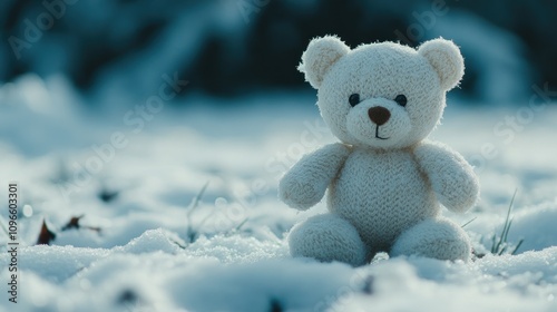 Adorable white teddy bear sitting alone in a snowy landscape, evoking feelings of nostalgia and innocence amidst a tranquil winter setting.