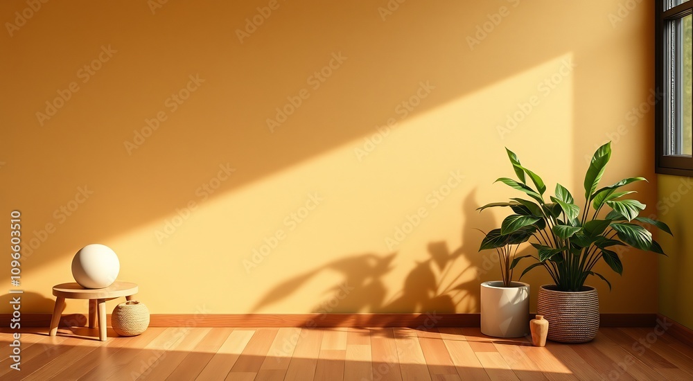 Minimalist interior with a plant and a wooden stool. Minimalist interior with a plant and a wooden stool.
