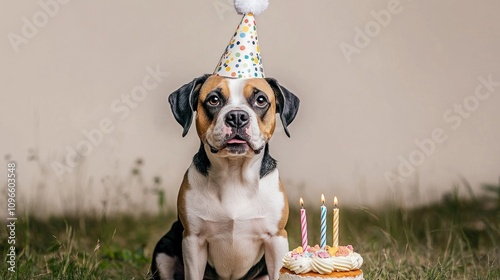Adorable Dog Celebrating Birthday with Colorful Party Hat and Cake Surrounded by Candles in Minimalist Outdoor Setting