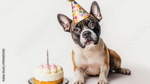 Adorable French Bulldog Celebrating Birthday with Colorful Party Hat and Delicious Cake on White Background, Perfect for Pet Lovers and Celebrations