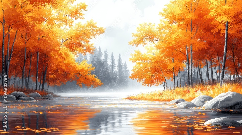 Naklejka premium Autumnal Forest Riverbank: A Misty Morning Scene of Golden Foliage