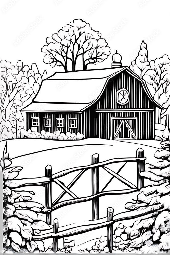 Fototapeta premium A decorated barn in a snowy field with a Christmas wreath, white background.---_00001_