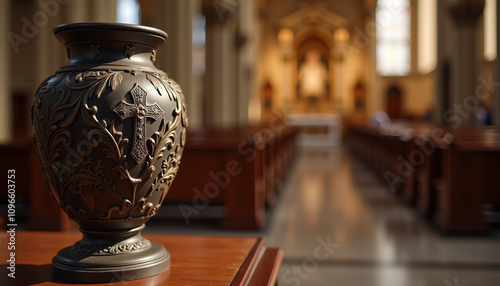 A dark urn set within a serene church ambiance, symbolizing a heartfelt tribute and honoring cherished memories. photo