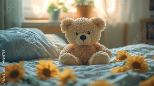 Cozy Bedroom Scene with Plush Bear Surrounded by Sunflowers and Soft Natural Light, Perfect for Evoking Warmth and Comfort in Personal Spaces