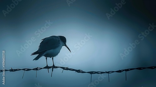 Serene Silhouette of a Bird on a Barbed Wire Against a Moody Blue Background at Dawn Captured Through Macro Photography Techniques