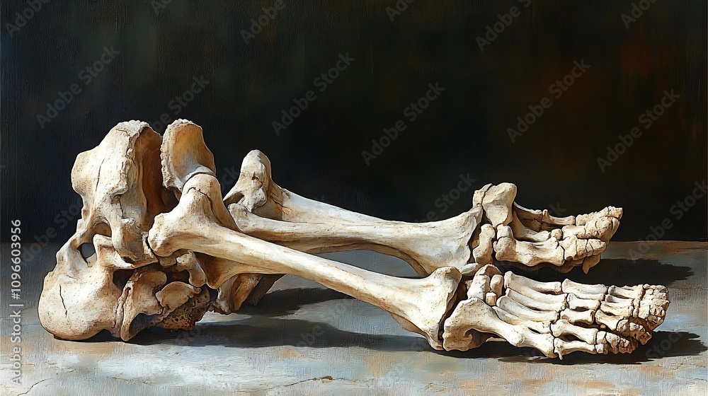 Still life painting of human leg bones, detailed anatomical structure, artistic rendering. Still life painting of human leg bones, detailed anatomical structure, artistic rendering.