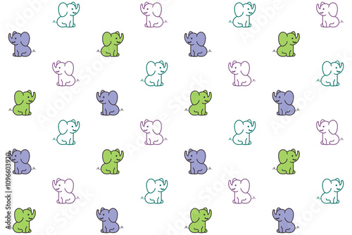 Seamless pattern with doodle elephant drawing and outline in black blue and dark purple on white background. Vector illustration. For child baby shirt textile wallpaper cover decoration