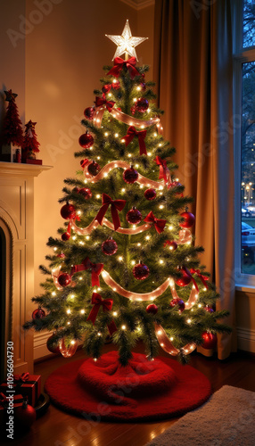 Beautifully decorated Christmas tree with twinkling lights and colorful ornaments, creating a warm festive atmosphere in a cozy room.