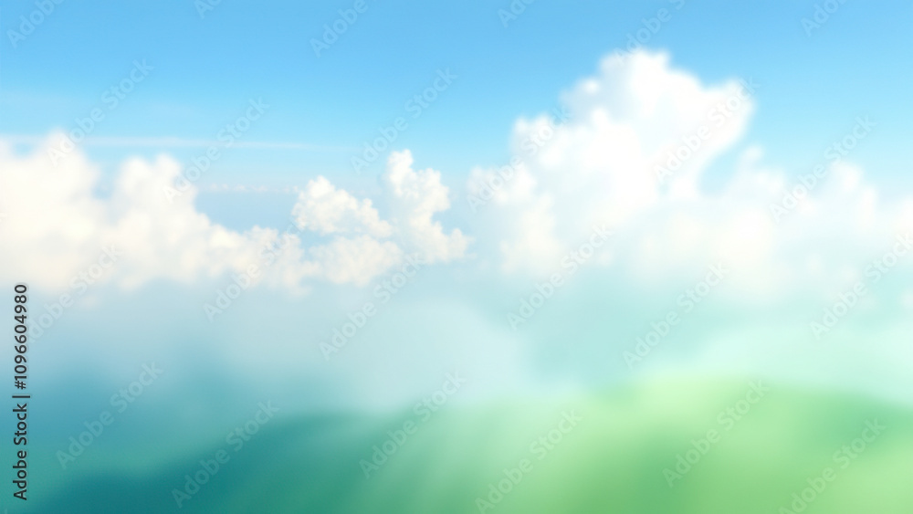 Obraz premium Dreamy watercolor background with blue green tones and puffy white clouds , smear, green, cloud, blue, gradient