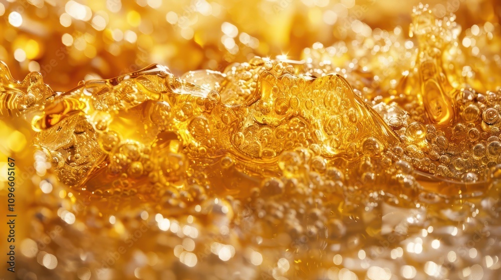 Close-up of golden liquid splashing, creating a dynamic texture with bubbles and light reflections. Close-up of golden liquid splashing, creating a dynamic texture with bubbles and light reflections.