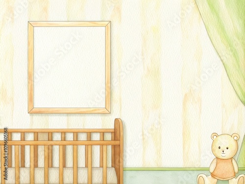 Watercolor nursery with a framed poster mockup, striped walls, window, crib, and teddy bears in soft orange and yellow tones