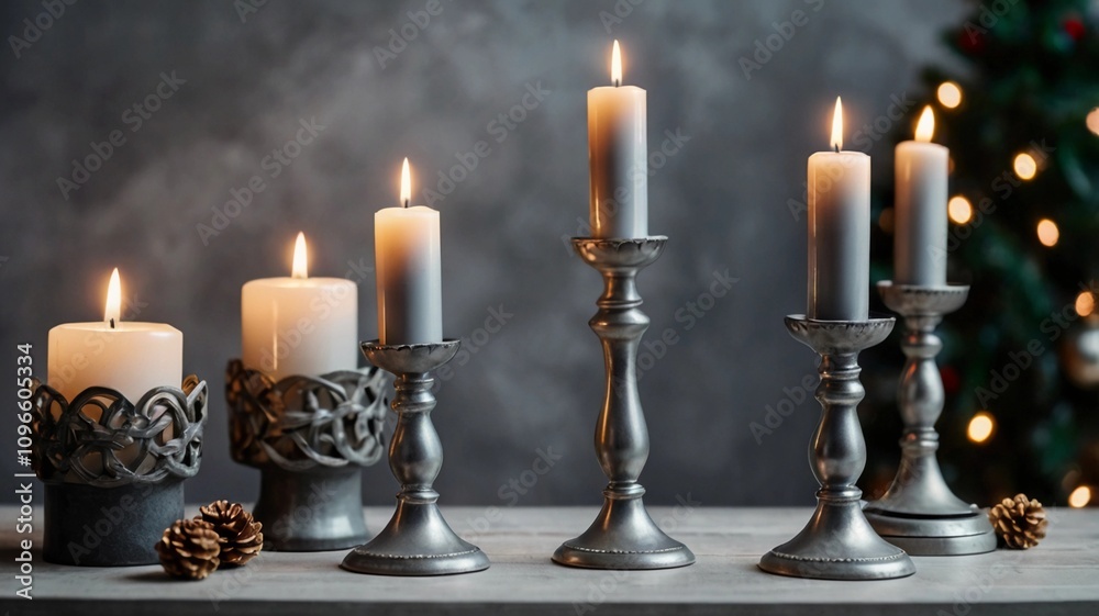 very nice metal candlesticks in gray color 3 identical on a dark background place for text very nice metal candlesticks in gray color 3 identical on a dark background place for text