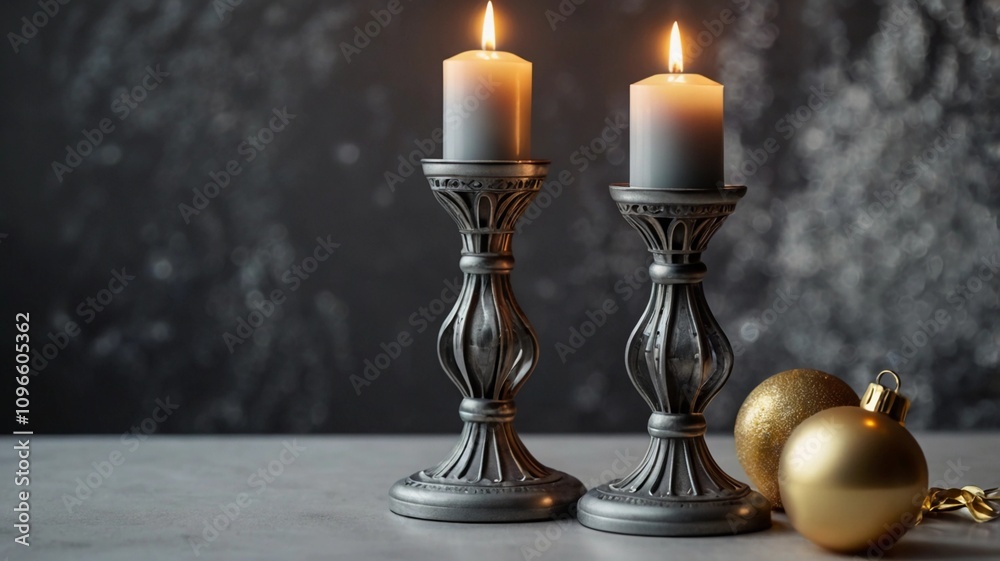 very nice metal candlesticks in gray color 3 identical on a dark background place for text very nice metal candlesticks in gray color 3 identical on a dark background place for text