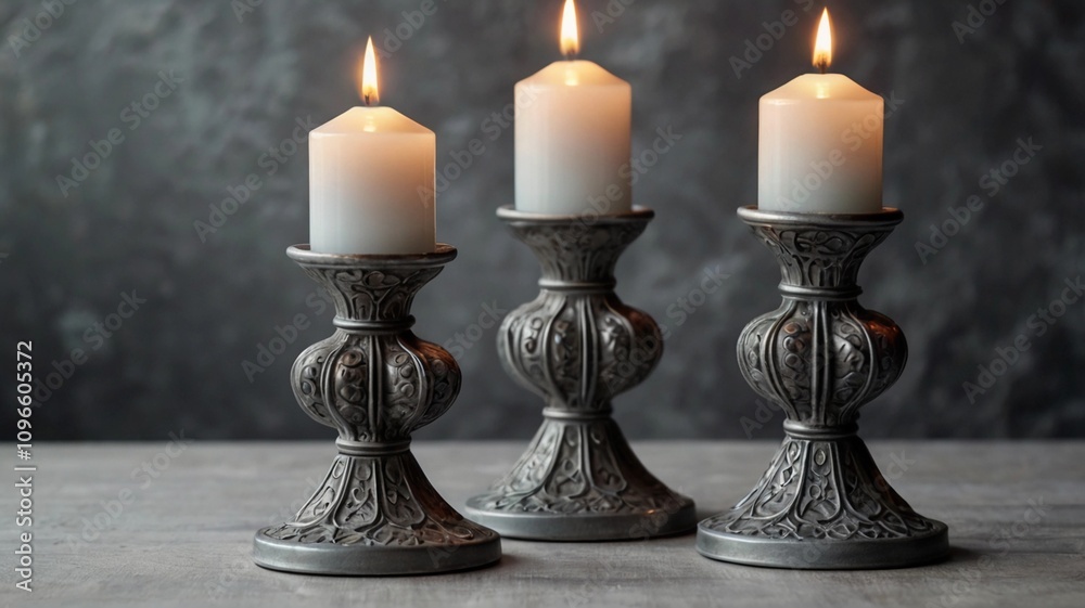 very nice metal candlesticks in gray color 3 identical on a dark background place for text very nice metal candlesticks in gray color 3 identical on a dark background place for text