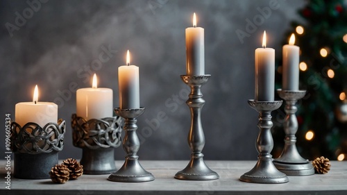 very nice metal candlesticks in gray color 3 identical on a dark background place for text