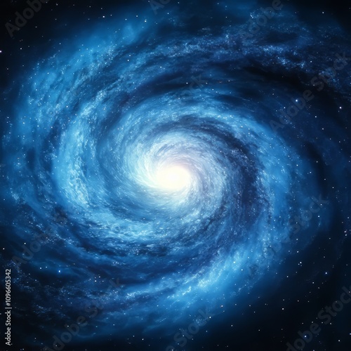 Spiral galaxy swirling with blue hues and bright center.