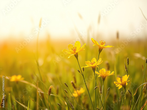 Fresh yellow crepis biennis blooms in a natural meadow, sunny day, fresh, floral, grassy photo