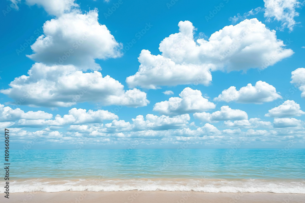 Fototapeta premium Blue Sky with White Clouds Above Tranquil Sea and Sandy Beach