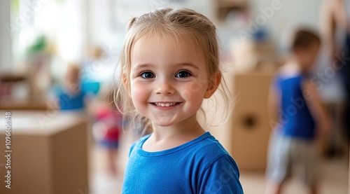 a cute little girl in a blue t-shirt, with blonde hair in a small ponytail, standing and smiling at the camera against a blurred background of a modern living room