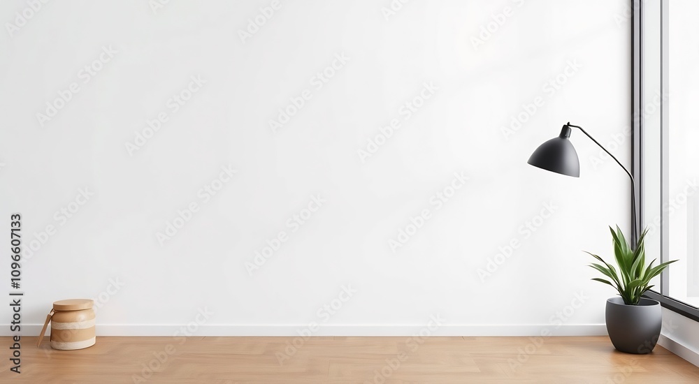 Minimalist interior with a plant, floor lamp, and a wooden box in the corner of a room. Minimalist interior with a plant, floor lamp, and a wooden box in the corner of a room.
