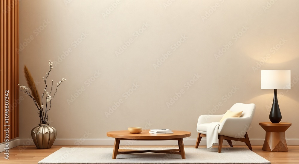 Minimalist living room interior with a white armchair, a wooden coffee table, a lamp, and a vase of dried flowers. Minimalist living room interior with a white armchair, a wooden coffee table, a lamp, and a vase of dried flowers.
