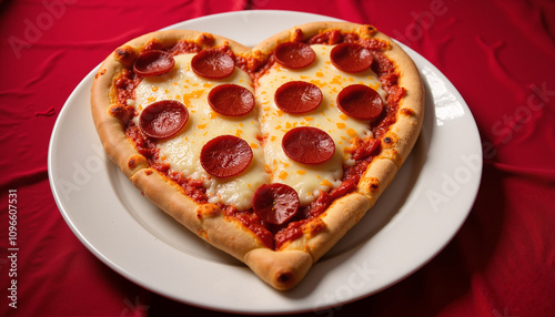 Delicious heart-shaped pizza with pepperoni slices on a white plate for romantic dinner