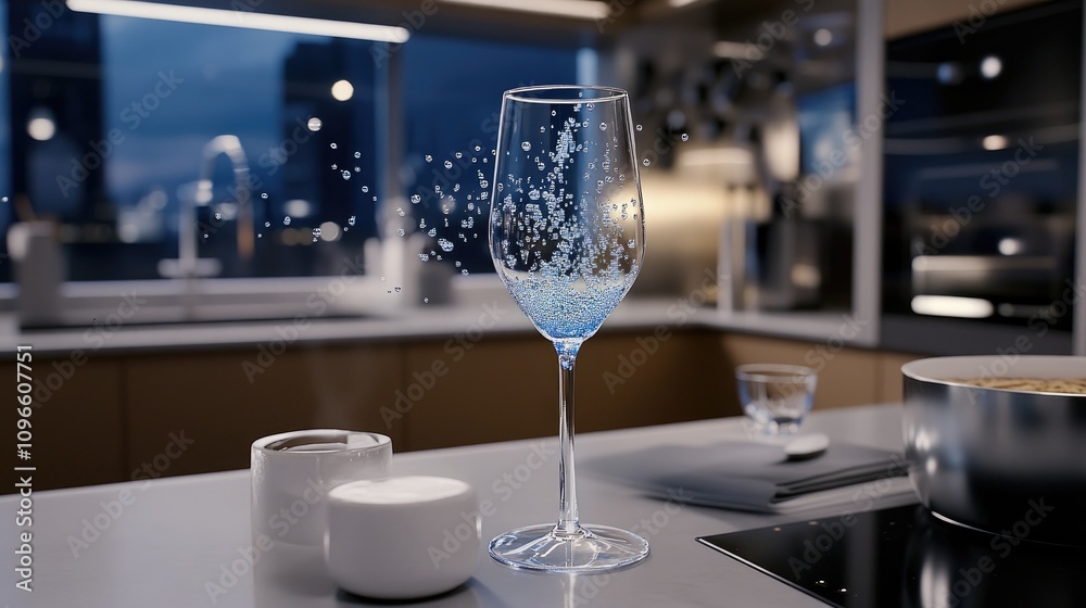 Blue sparkling wine fills a champagne glass on a kitchen table, celebrating women's day with festive bubbles in a cozy atmosphere Blue sparkling wine fills a champagne glass on a kitchen table, celebrating women's day with festive bubbles in a cozy atmosphere