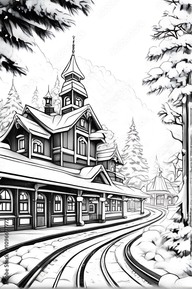 Fototapeta premium A train station with a Christmas theme, snow-covered roofs, white background.---_00001_