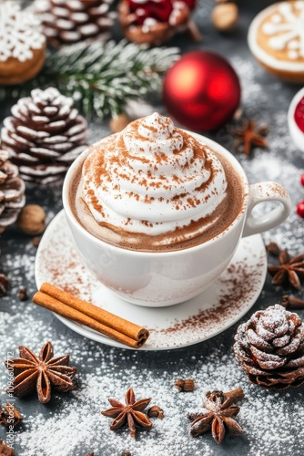 Whipped cream topped hot chocolate with cinnamon and spices, surrounded by Christmas treats.