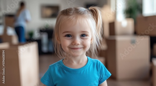 Cute little girl in a blue t-shirt standing and smiling, her mother blurred in the background