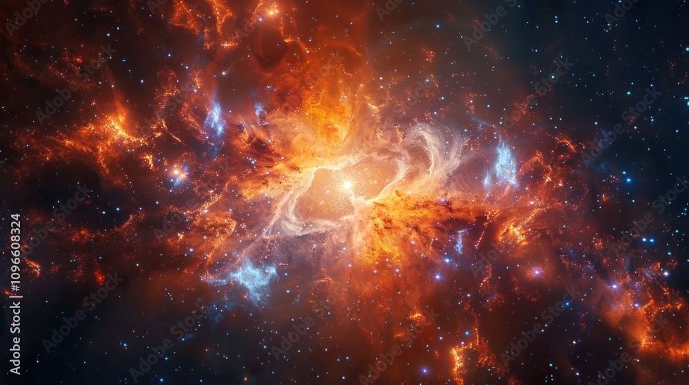 A vibrant nebula in space, filled with swirling clouds of gas and dust, illuminated by a bright star at the center. A vibrant nebula in space, filled with swirling clouds of gas and dust, illuminated by a bright star at the center.