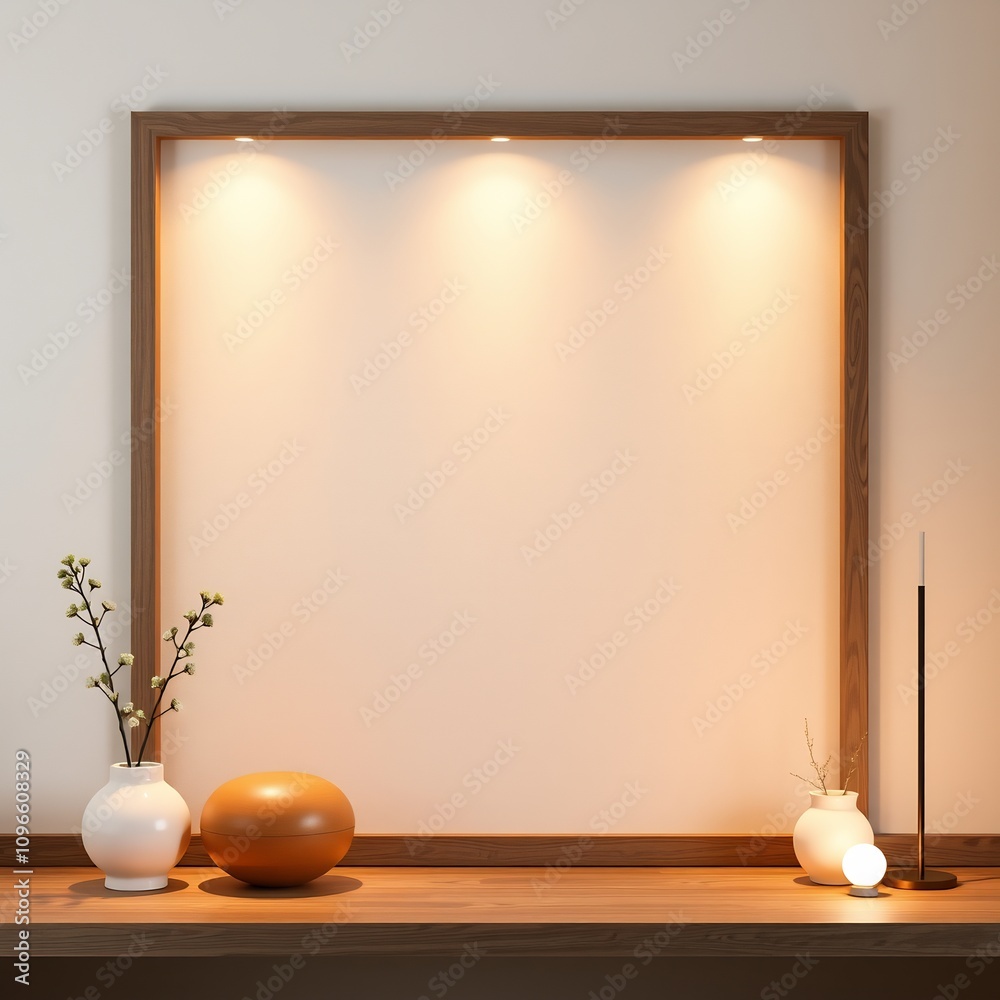 Minimalist modern interior with a wooden frame, vase, and a lamp on a table. Minimalist modern interior with a wooden frame, vase, and a lamp on a table.