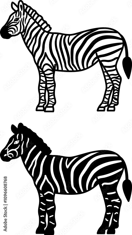 Obraz premium Zebra Icons. Black and White Vector Illustration. Mammal, Striped Horse. For Coloring Book Design. Animal Concept