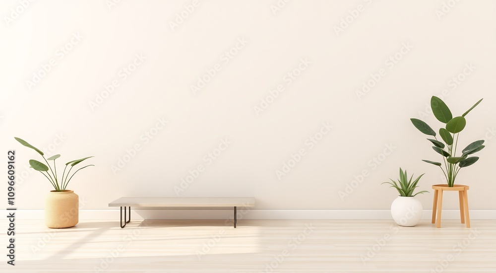 Minimalist interior design with plants and wooden table. Minimalist interior design with plants and wooden table.