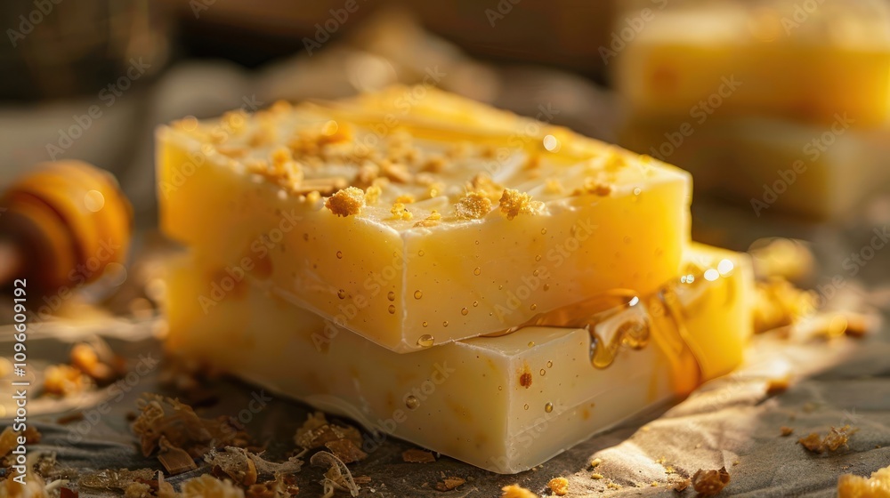Close-up of two honey and oatmeal soap bars on brown paper. Close-up of two honey and oatmeal soap bars on brown paper.