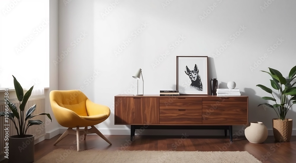 Modern living room interior with a yellow armchair, wooden sideboard, and a black and white picture. Modern living room interior with a yellow armchair, wooden sideboard, and a black and white picture.