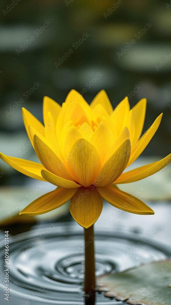 Obraz premium Macro shot of the intricate details of a yellow water lily flower against a blurred river background, background, beautiful, intricate details, yellow water lily, nature