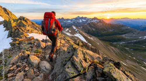 A hiker with a red backpack ascends a rocky mountain trail at sunset, surrounded by panoramic views of the rugged landscape.