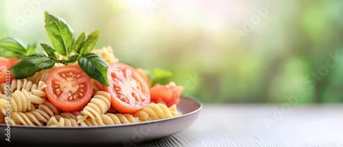 Panel kuchenny z motywem A delicious plate of fusilli pasta topped with fresh tomatoes and basil, set against a blurred green background, evoking a fresh and appetizing vibe.